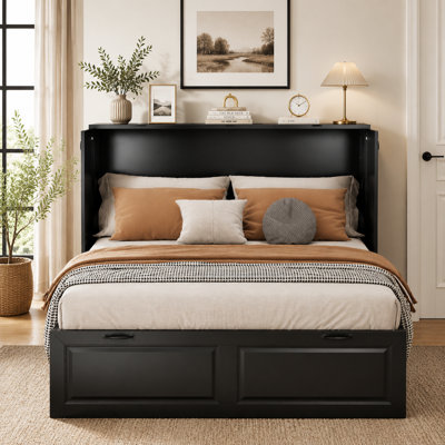 Murphy Bed with Built-in Charging Station, Full Size Cabinet Bed with Storage Drawers, Black