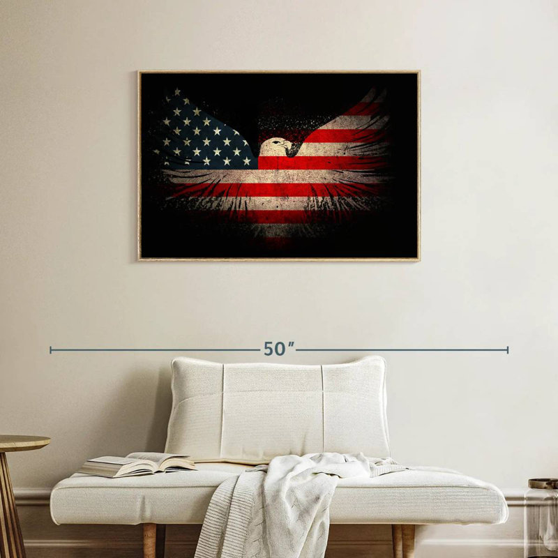 Aigle américain et drapeau, Cadre flottant en bois naturel, 37 po x 25 po