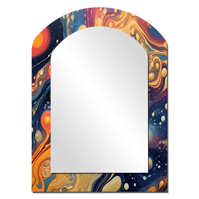 Orange orange bleu galactique II - miroir décoratif arche Comets, miroir mural asymétrique moderne, impression d'art en métal