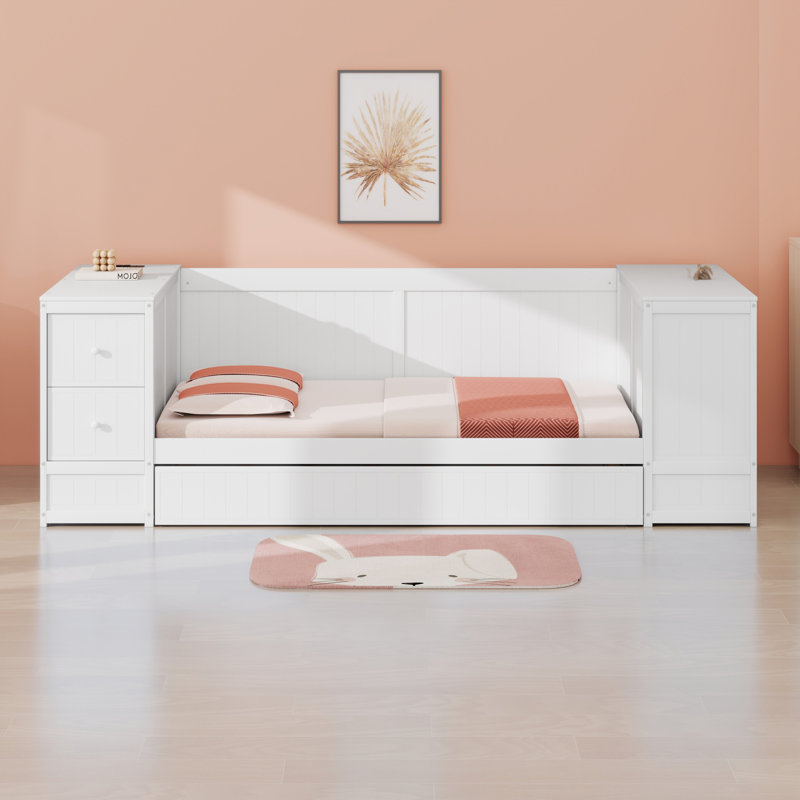 Daybed With Storage Arms, Trundle And Charging Station, White