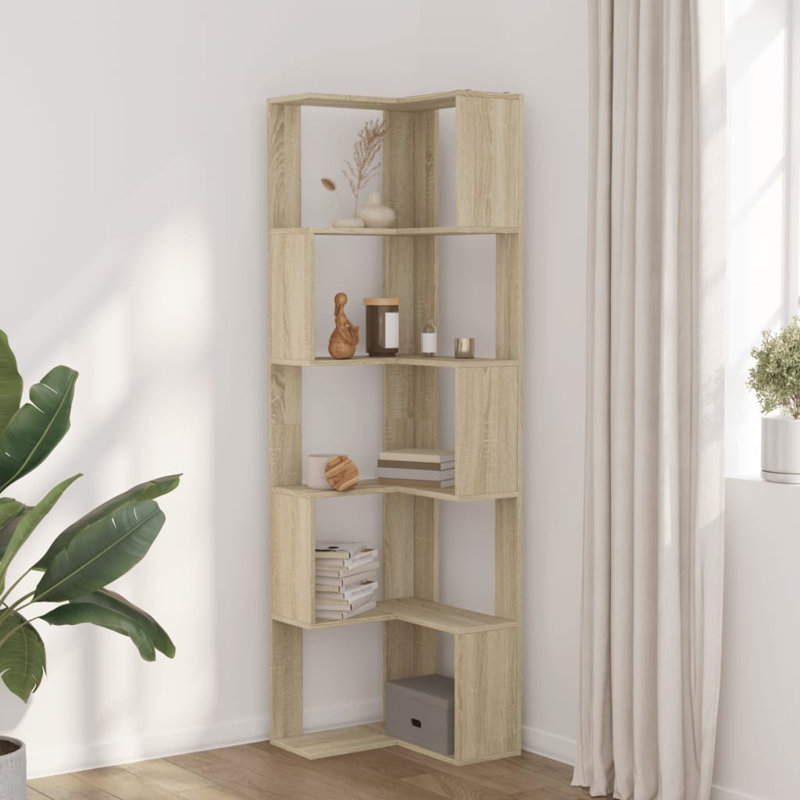Bibliothèque en coin en bois d'ingénierie, (5 tablettes) H 70,5 po x l 19,7 po x P 19,7 po, Chêne sonoma
