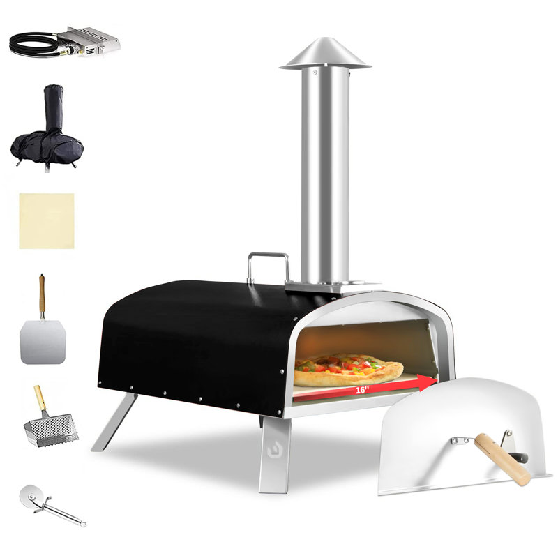 Outdoor Pizza Oven Propane & Wood Fired Stainless Steel Pizza Grill, Black, 16" H x 16" D