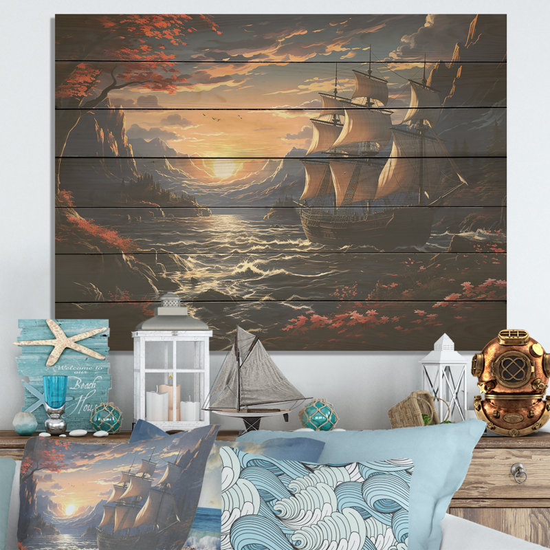 Bateau pirate au milieu de Legacy III - pirate sur bois, H 30 po x l 40 po