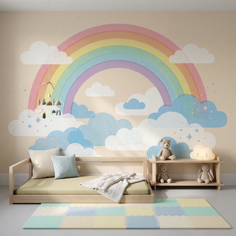 Papier peint pastel arc-en-ciel amovible nuage fantaisiste, 160 po x 108 po, Peel and Stick