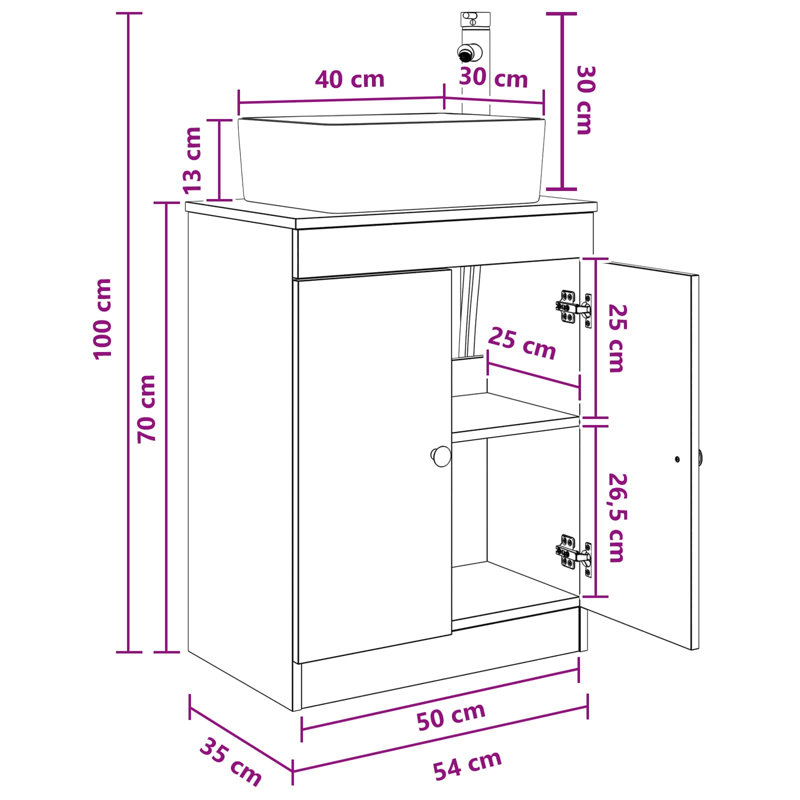 Single Bathroom Vanity with Ceramic Basin, Smoked Oak