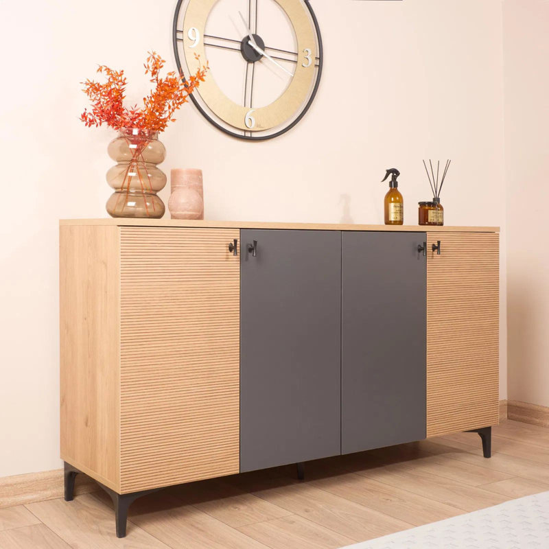 Modern Console Table, Oak & Anthracite Color, 55.1 x 27.3 x 15.0 Inches | 100% Melamine Coated Chipboard, Thickness: 0.7 Inches | Durable Plastic Legs, Stylish Design for Entryway & Living Room, Easy Assembly
