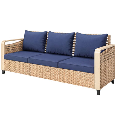 Canapé d'extérieur avec assise spacieuse de 70,9 po, coussins brun classique et bleu foncé de 2,8 po de largeur, structure thermolaquée, capacité de poids de 792 lb, assise de 3,1 po d'épaisseur, largeur des accoudoirs, métal en coton PP,
