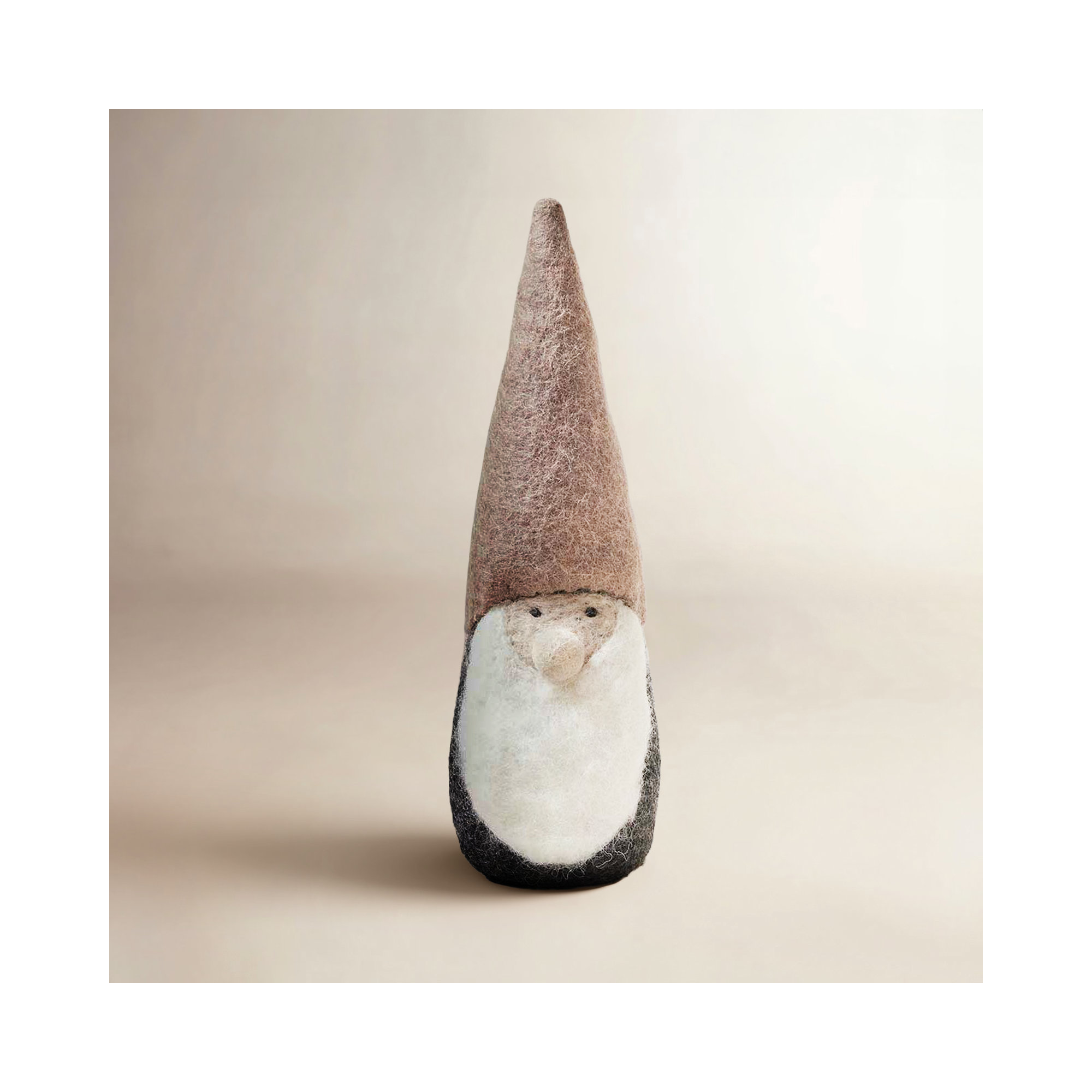 Felted Woodland Gnome, Tan/Charcoal/White, Medium: 12" H X 3.5"  (diameter at base)