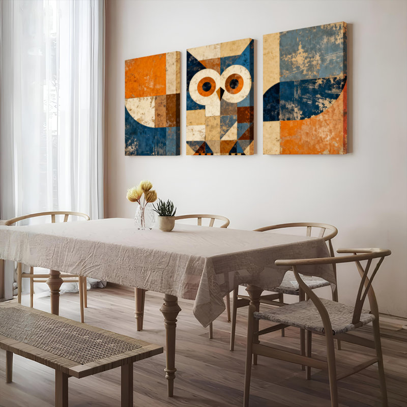 Tableau abstrait géométrique hibou sur toile tendue (lot de 3), H 18 po x l 36 po