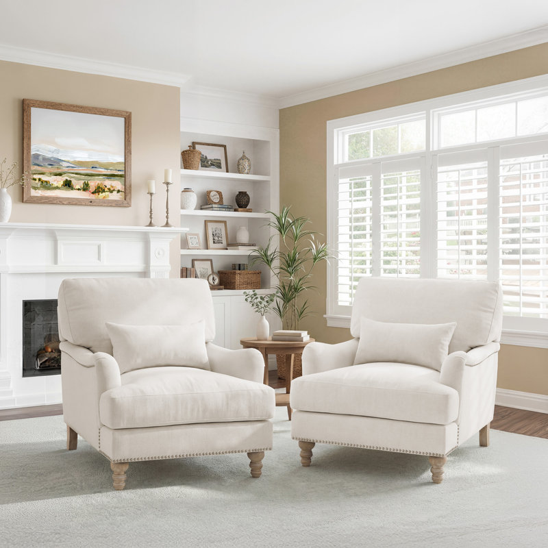 Charney Upholstered Accent Chairs With Nailhead Trim, Ivory