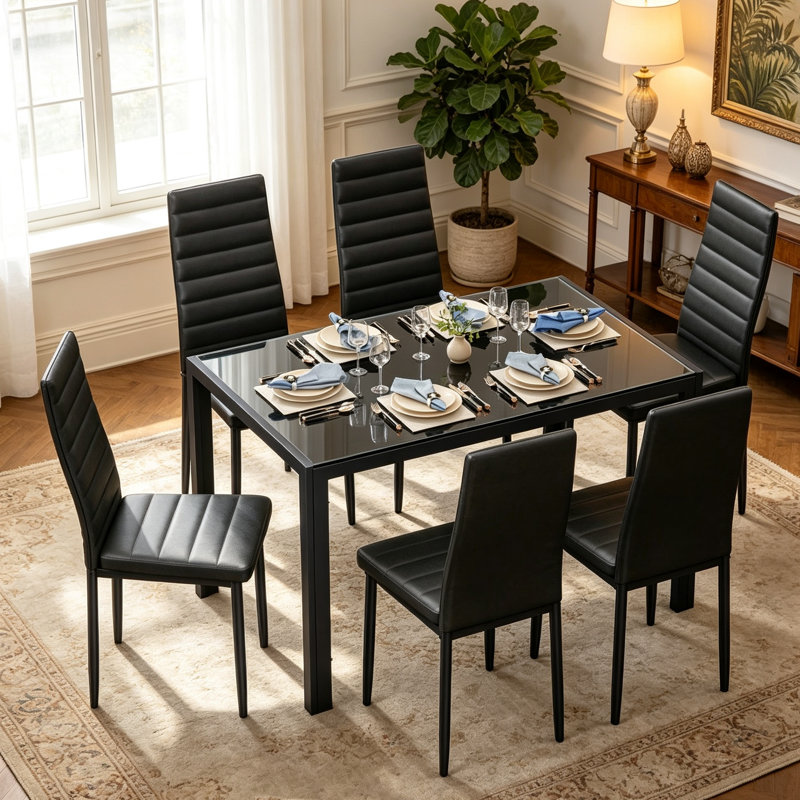 7 - Piece Glass Top Dining Set, Dining Table with 6 Faux Leather Chairs, Black, Black