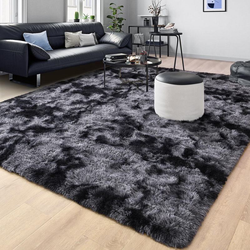 Tapis à poil long Antonije Tie Dye, Rectangle 9 pi x 12 pi, Gris foncé