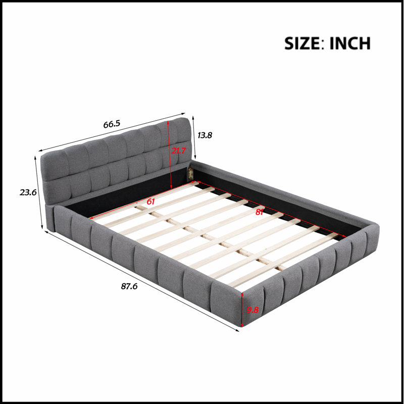 Lit plateforme tapissier avec tissu épais, lit au sol avec structure solide pour plus de durabilité et de confort, Gris