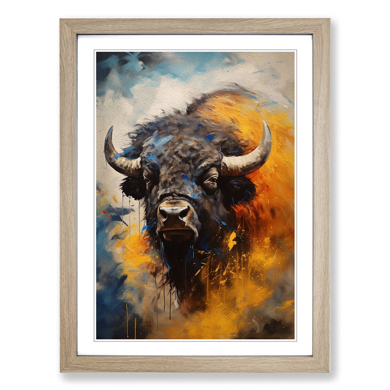 Buffalo Gestural Art - Framed Print, Oak Framed, 64cm H x 46cm W x 2cm D