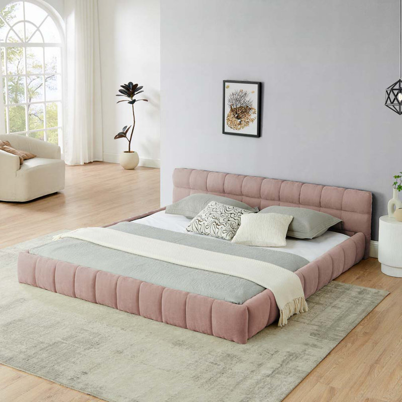Chenille Fabric Grounded Upholstered Bed Frame with Thick Fabric, Pink, King