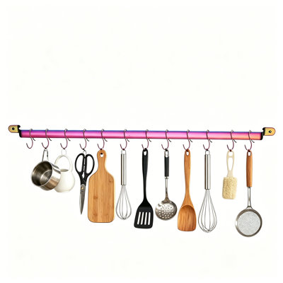 Wall Mounted Kitchen Rail with Rainbow Titanium Plating and 14 Hooks for Knives and Utensils