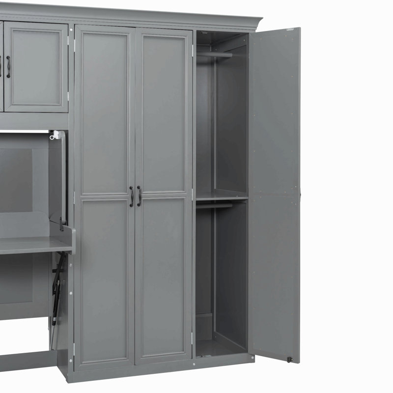 Lit escamotable simple avec armoire murale, armoire et bureau, Gris