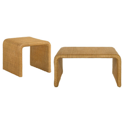 Gigi 2Pc Coffee and End Table Set, Woven Design, Natural Rattan-Metal