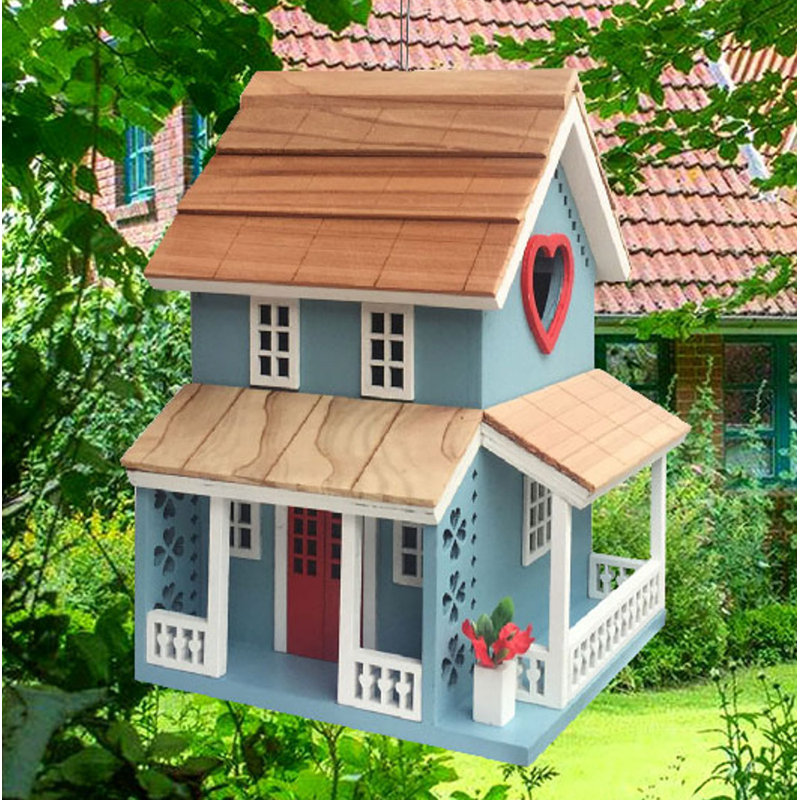 Sky Blue and Red Cottage Birdhouse with Heart-Shaped Entry