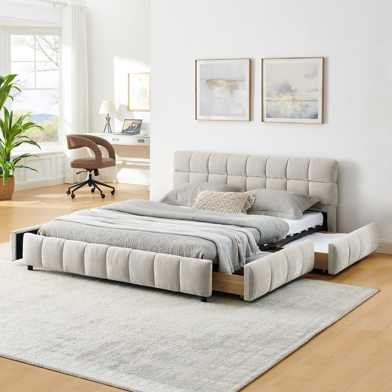 Queen Size Upholstered Storage Bed Frame With Chenille Fabric And Headboard, Built-In Drawers, Beige
