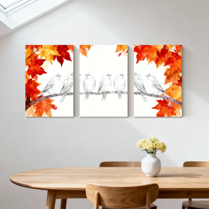 «Birds Birds on Branch Autumn Leaves», ensemble de 3 impressions sur toile, H 24 po x l 48 po