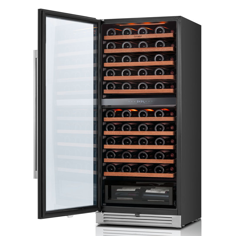 24" 90-Bottle Dual Zone Built-In & Freestanding Wine Cooler, 9.7 Cu.Ft. Wine Refrigerator, 40°F–65°F, Amber/Blue/White LED Light, UV-Protected Double Glass, Frost-Free, Adjustable Wood Shelves, Hidden Hinges,  Energy Star Wine Fridge