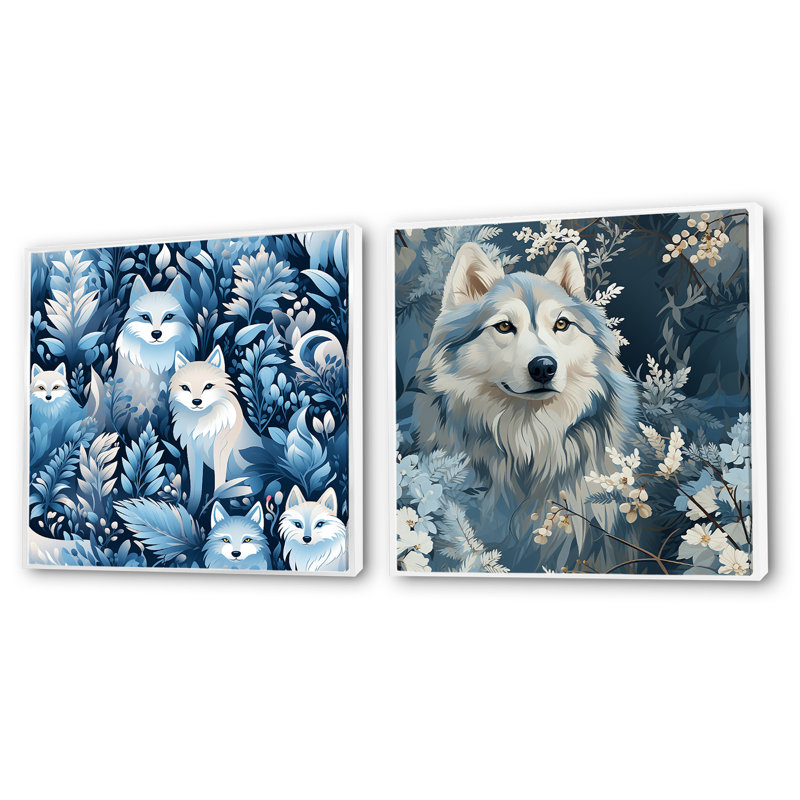 Ensemble de 2 reproductions de caricature de chiens Husky, H 16 po x l 33 po, Cadre flottant blanc