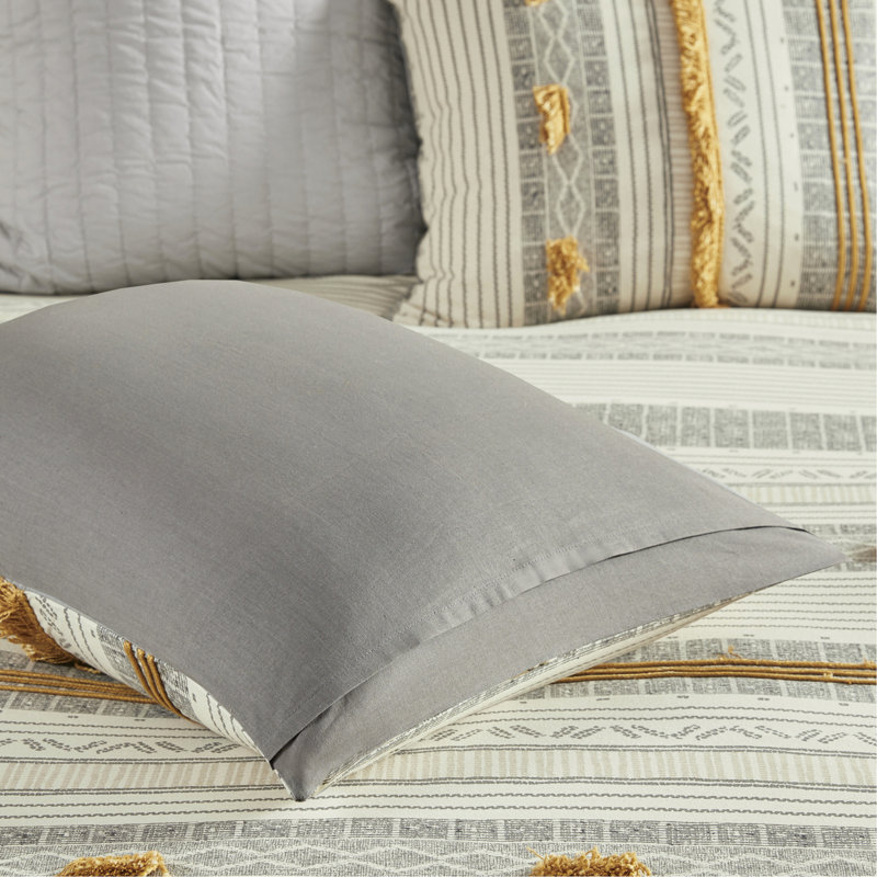 Ensemble d'édredon en coton 3 pièces gris / jaune, Édredon grand et 2 taies décoratives