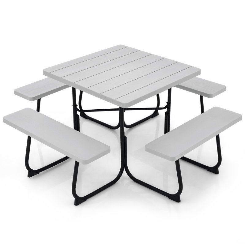 Banc de pique-nique en PEHD avec trou pour parasol pour 6 à 8 personnes, Gris