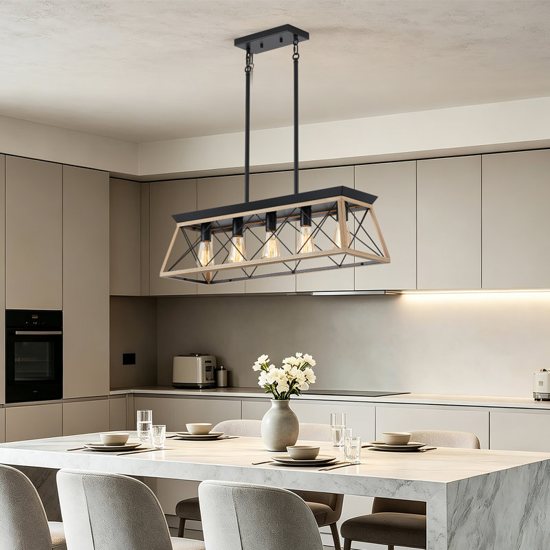 Lustre linéaire à cinq lumières Farmhouse, Natural Wood - 32"