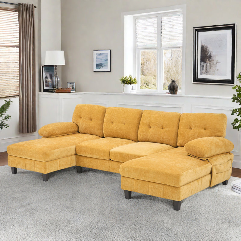 U-shaped Sectional Sofa With Dual Chaise Lounges, Storage Pockets And Armrest Pillows, Yellow Chenille