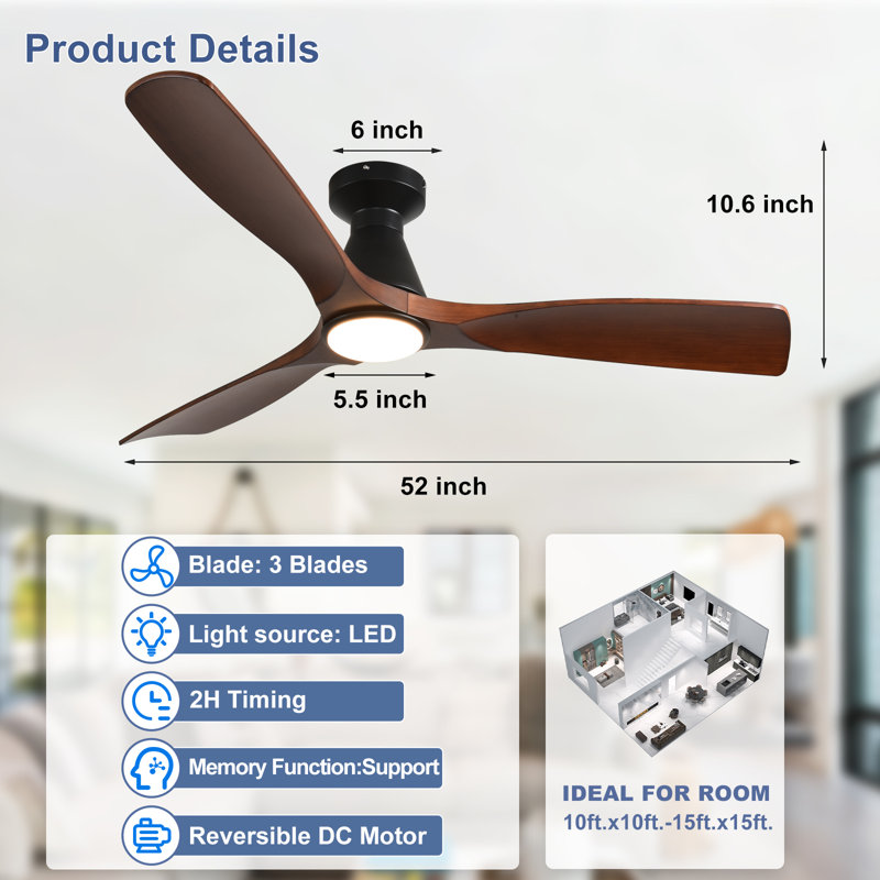 Ventilateur de plafond encastré à profil bas de 52 pouces en noyer, 3 pales, avec éclairage et télécommande ; ventilateur intérieur/extérieur à intensité variable avec télécommande, moteur CC silencieux et minuterie.