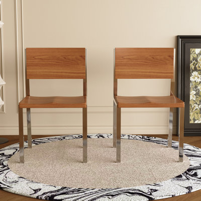 Modern Dining Chair With Stainless Steel Frame & Solid Wood Seat, Minimalist Kitchen Chair For Dining Room (Set Of 2)
