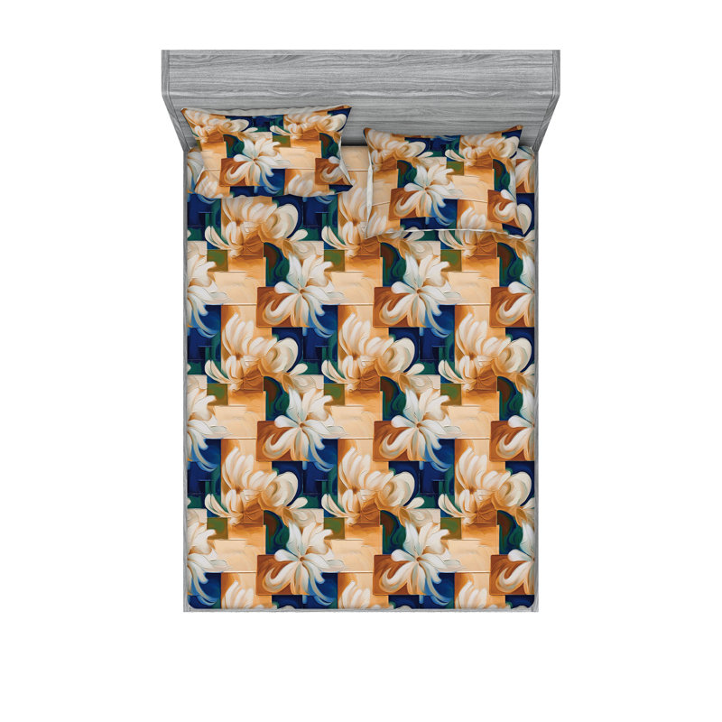Drap-housse et taies décoratives 3 pièces Ambesonne, Pêche, ambre, bleu sarcelle / floral