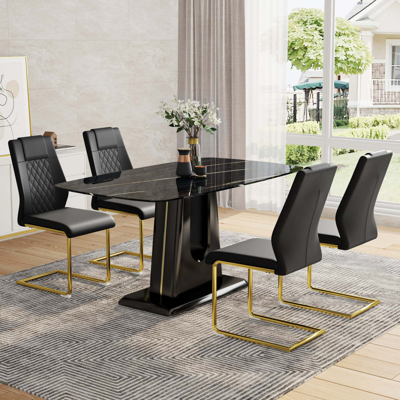 Ensemble de table et chaises, table de salle à manger, plateau de table en verre imitation marbre, pieds en panneau de fibres à densité moyenne avec supports en forme de U