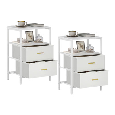 Bedside Table Set of 2, Side End Table with 2 Fabric Storage Drawers, Bedside Cabinet with Open Storage Shelf, Nightstand for Bedroom, Livingroom 
