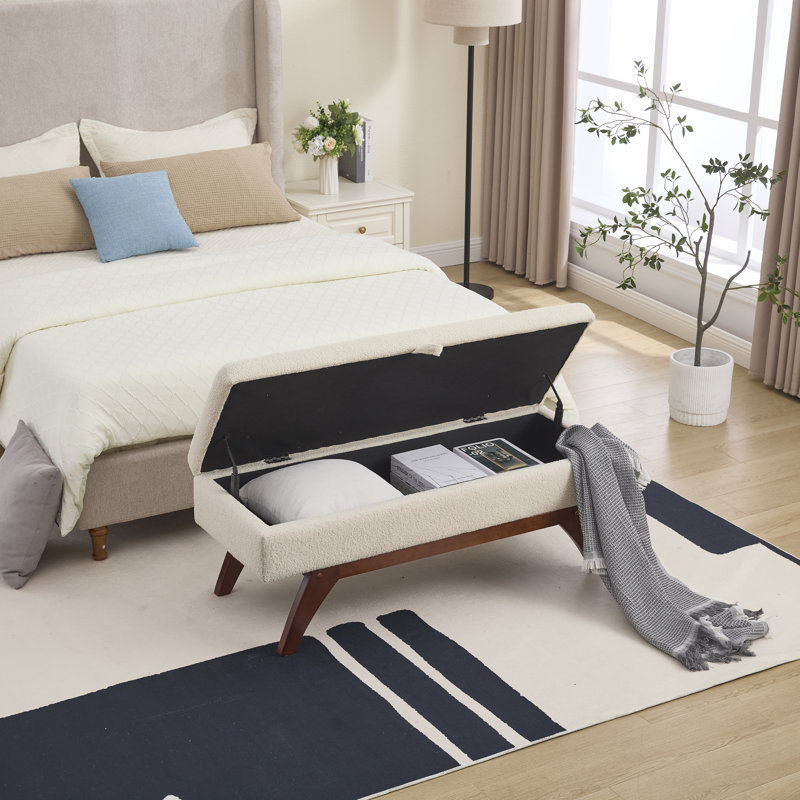 Teddy wool fabric, solid wood feet for solid weighing, and bed end stool with storage function, Beige