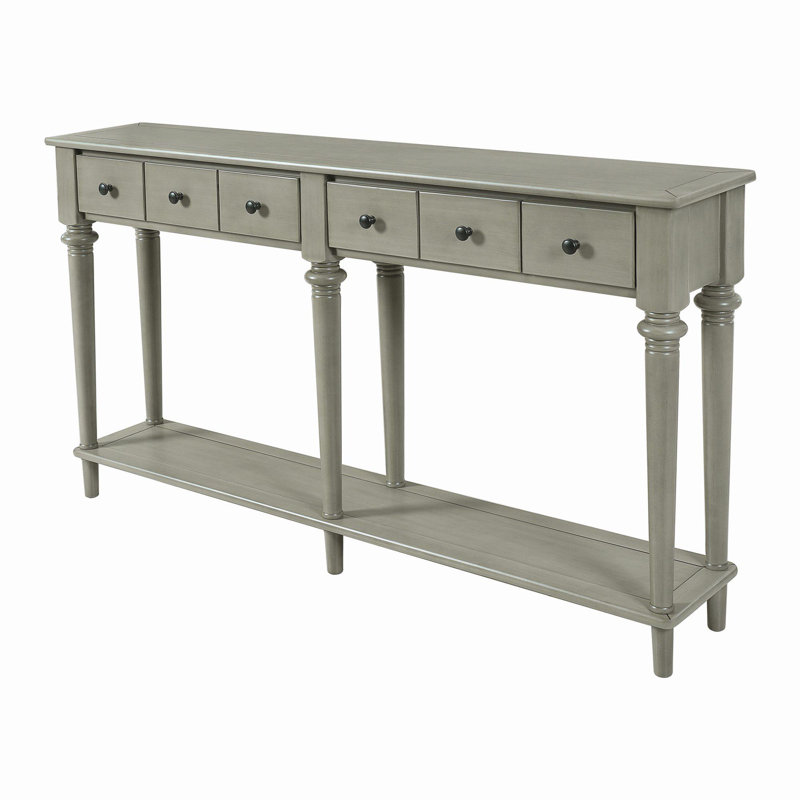 Retro Console Table with 4 Drawers and Open Shelf, perfect for Entryways, Living Rooms, Gray Wash Duplicate