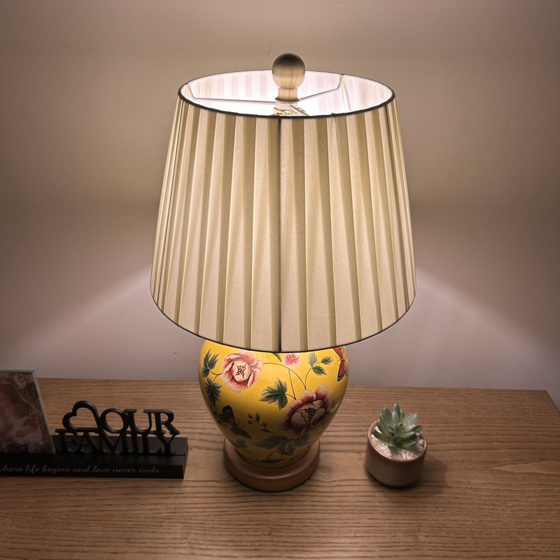 Yellow Ceramic Table Lamp Butterfly Flowers LED Blub Included 12"W*12"D*22"H