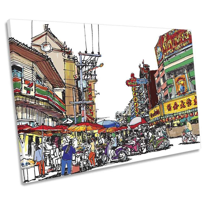 Asian Street Market Sketch - Wrapped Canvas Print, 50.8cm H x 76.2cm W x 2cm D