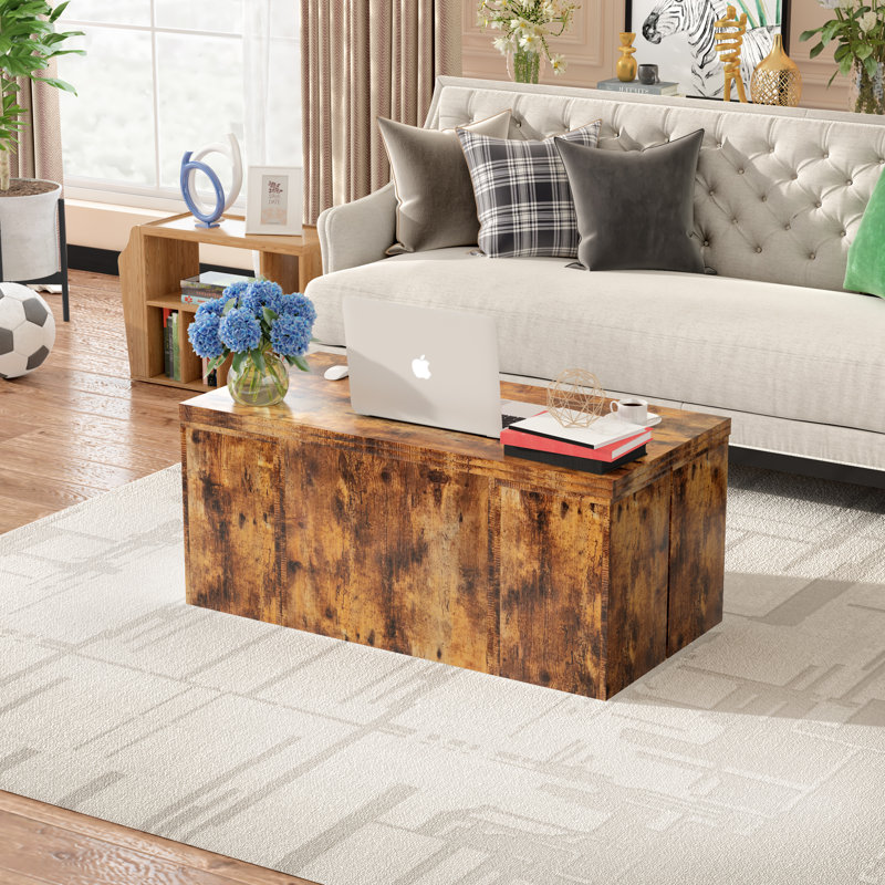Hambling Lift Top Coffee Table,3 in 1 Multi-Function Coffee Table with 4 Storage Bench, Wood, Rustic Brown