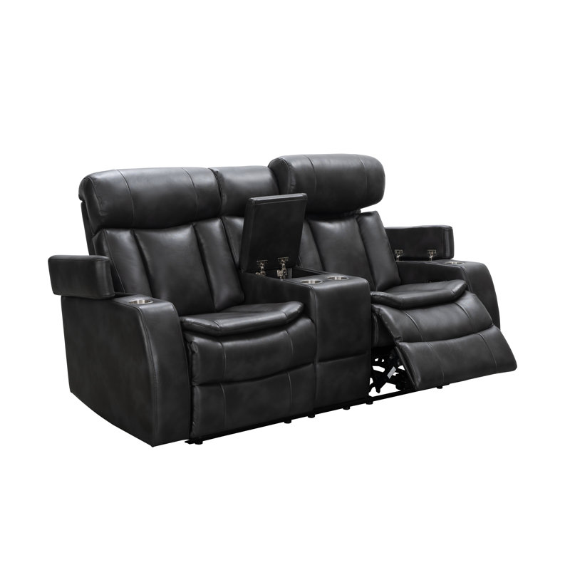 Causeuse de théâtre en cuir véritable Asahd de 74 po de largeur avec porte-gobelet, Cuir véritable noir