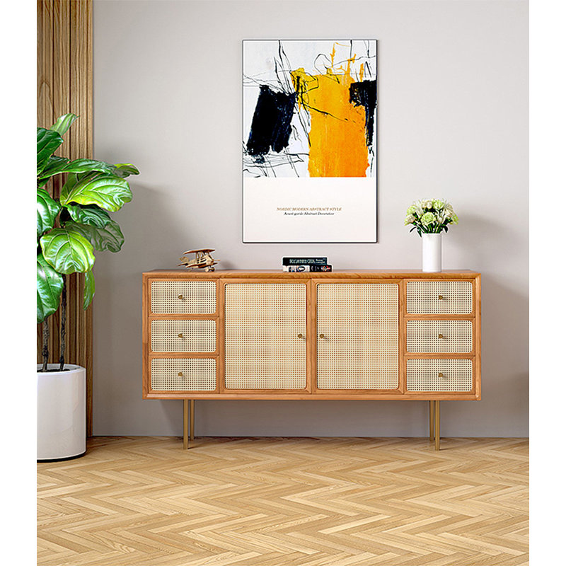 Buffet en bois massif et en rotin de style scandinave, Brun, H 31,5 po x l 63 po x P 15,7 po