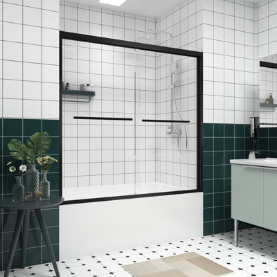 Pare-baignoire double coulissant avec cadre en aluminium, verre trempé de 6 mm de 1/4 po, quincaillerie noire, conception de poignée, configuration réversible, porte de salle de bain imperméable 56 - 60 po x 58 po avec cadre en aluminium épaissi, Crash