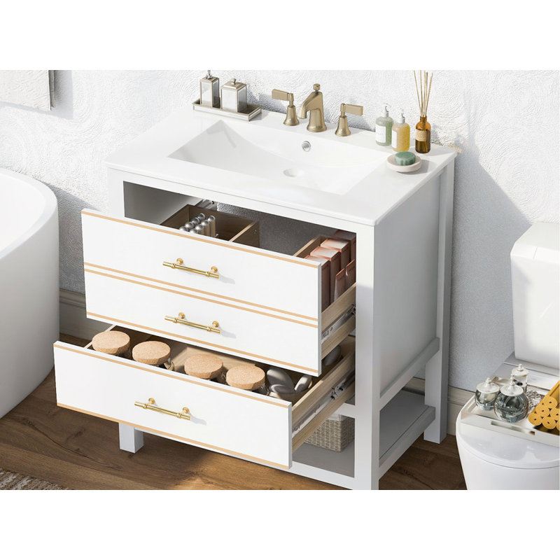 Armoire de meuble-lavabo avec tiroirs ouverts Abundant, Blanc