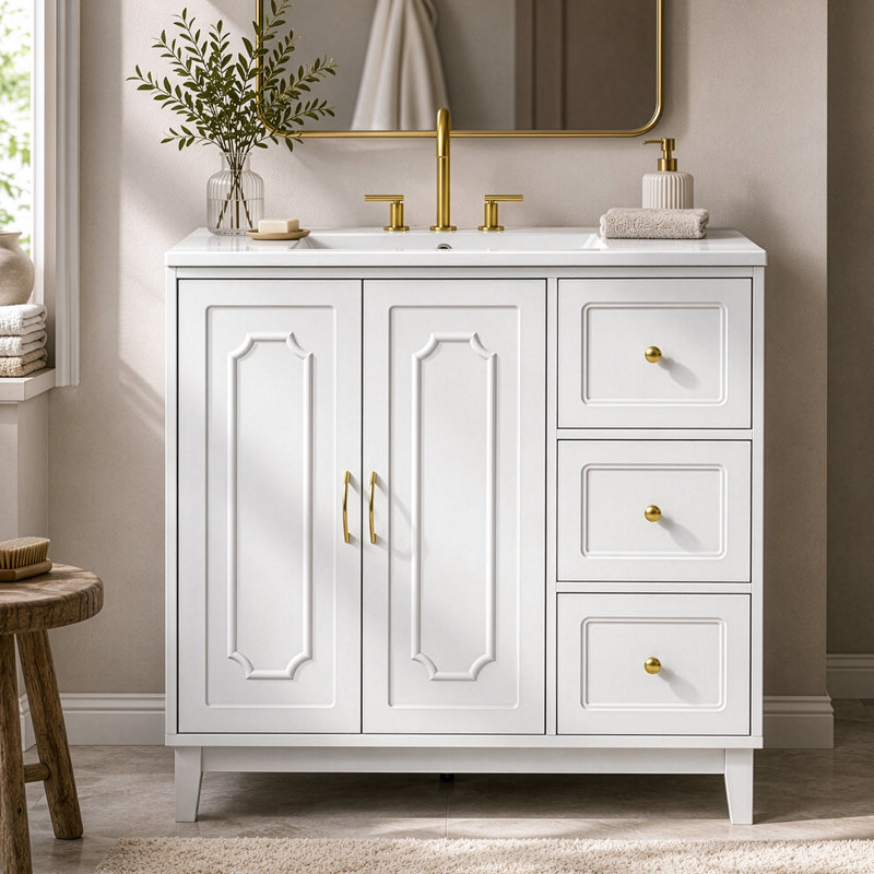 Meuble-lavabo blanc de 91 cm (36 po) avec 3 tiroirs et 2 portes et lavabo en céramique