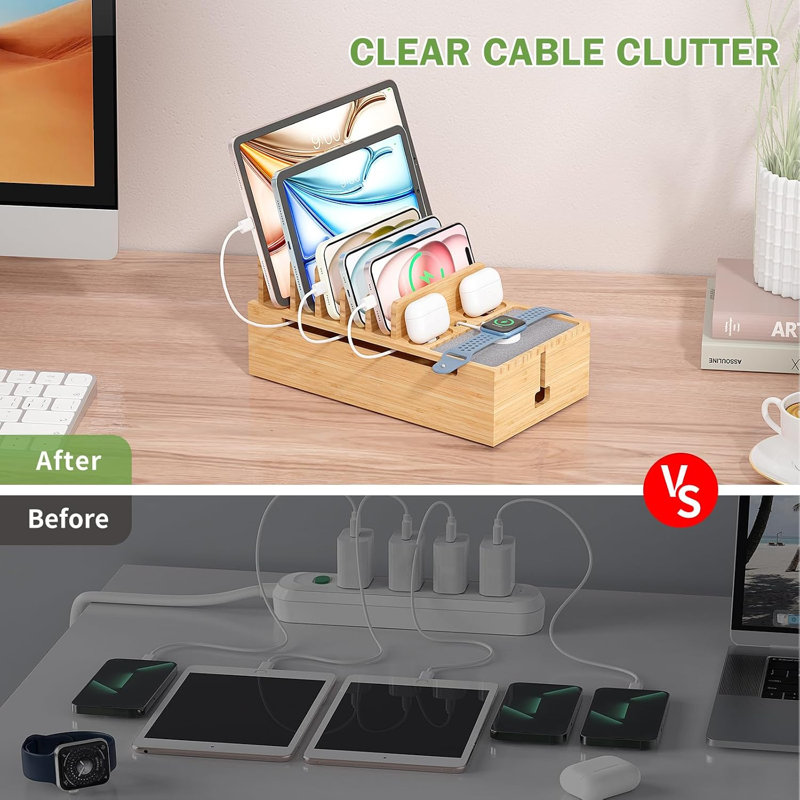 Station de recharge en bambou pour appareils électroniques, organiseur de charge pour téléphones et tablettes, montres connectées, écouteurs, multiprise (chargeur USB à 5 ports et 6 câbles inclus), naturel