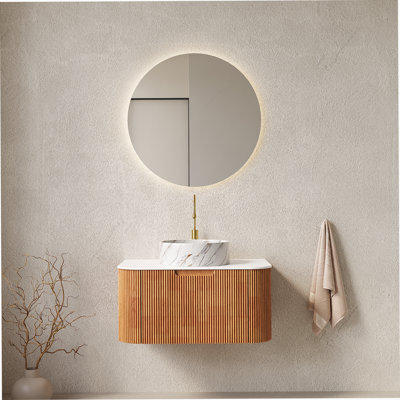 Meuble-lavabo 48 po avec lavabo, meuble-lavabo mural à bords courbés et rayés avec 2 tiroirs, lavabo rond en céramique blanc avec motif de pierre, pré-assemblé, couleur grain de bois noyer foncé