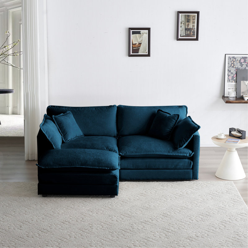 Canapé modulaire 2 places en L en chenille bleue, tissu, base en bois massif pour une assise confortable en chenille relaxante