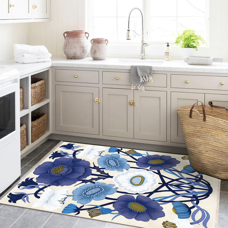Tapis décoratif bleu à motif floral beige à motif floral de la collection Barcelona, Rectangle 4 pi 11,06 po x 9 pi 10,11 po